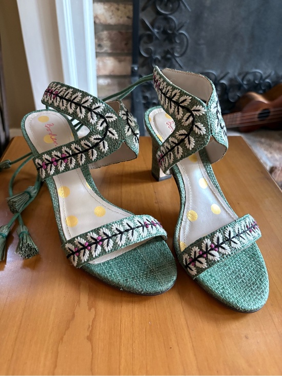 Boden Shoes - Boden Green Embroidered Ankle-Tie Sandals - Women, Size 7